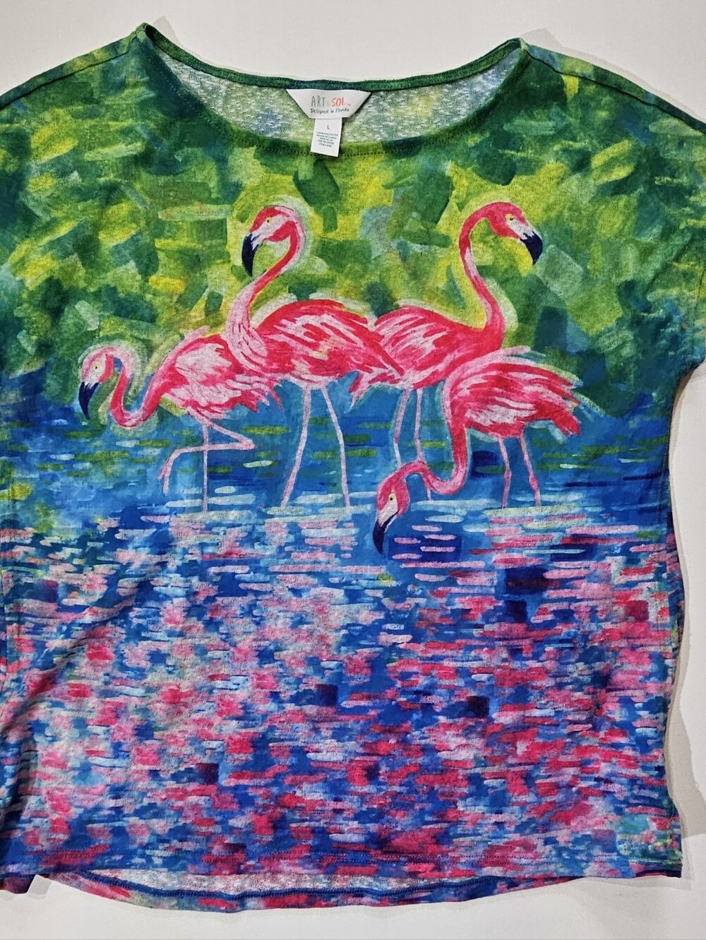 Art & Sol Flamingo T-shirt Womens Large Blue Green Pink Art To Wear Casual Tee